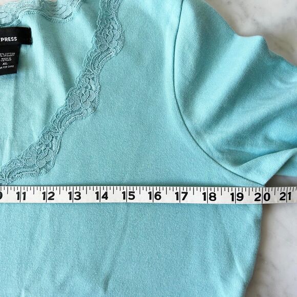Express Turquoise Lace Trim V Neck Long Sleeve Stretch Knit Shirt - Women's XL - Picture 8 of 11